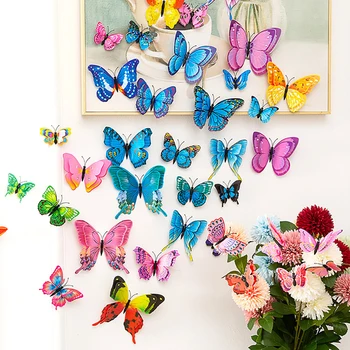 12pcs 3D Dvojvrstvové Motýle Samolepky na Stenu Obývacia Izba Dekor Svadobné Deti Miestnosti Dekorácie DIY Wall Art Magnet Nálepky
