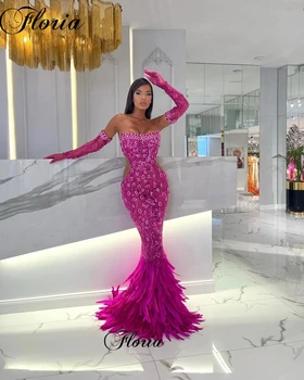 2023 Nové Módne Hot Pink Večerné Šaty Morskej Panny Kryštály Prom Šaty S Perie Šaty De Soirée Celebrity Šaty Bez Ramienok