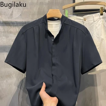 Bugilaku Lete kórejský štýl high-end skladaný tričko pre mužov je voľné a štíhly retro krátke puzdre tričko