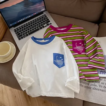 Chlapca Dlhým Rukávom T-shirt Bežné 2023 Jeseň Nové Klesnutie Tričko Internet Celebrity Vyšívať Bunda Deti T-shirt