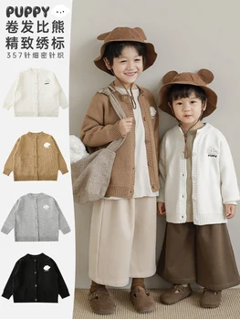 Chlapčenské Vyšívané Pletený Sveter, Bundu na Jeseň Nové detská Móda Minimalistický Kabát