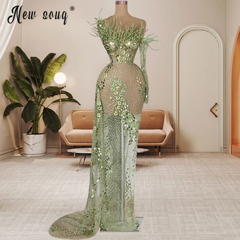 Couture Ťažké Korálkové Večerné Šaty Strane Chvosta Ženy 2023 Luxusné Zelená Morská Víla Vidieť Cez Prom Party Šaty Celebrít Šaty