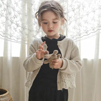 Dieťa Dievča Zimné Oblečenie Kabát na Jeseň roku 2023 kórejský Móda Čipky Pletené Sladké Farbou Jediný Breasted O-krku Sveter Elegantné
