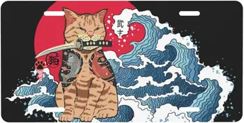Japonské Anime Samuraj Mačka Červené Slnko Oceánu Vlny Hliníkové Špz Dekoratívne Kovové Auto Prednej Špz Kryt Auto Značky