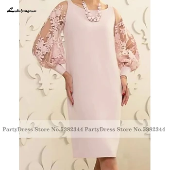 Lakshmigown Elegantné Svetlo Ružové Krepové Matka Svadobné Šaty na Svadby 2023 Opuchnuté Dlhý Rukáv Mini Večer Party Šaty