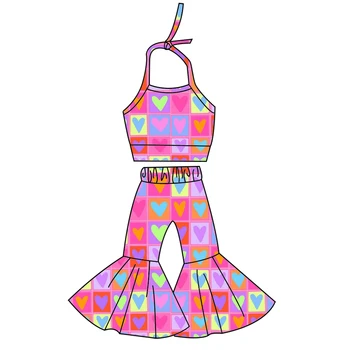 Letné hot predaj dievčatá oblečenie halter top + bell-spodné nohavice nastaviť farbu lásky vzor mlieko hodvábne tkaniny