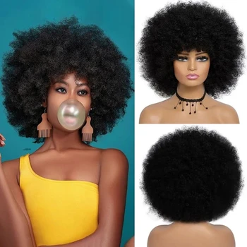Načechraný Remy Krátke Kinky Afro Kučeravé Vlna Brazílsky Ľudské Vlasy, Parochne Mimo Čierna Farba Hnedá Parochňa S Bang Burgundsko Pre Čierne Ženy