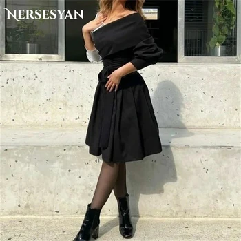 Nersesyan Sexy Ramena Formálne Večerné Šaty Saténové Dlho Lístkového Rukávy Mini Party Šaty Riadok Prehodil Vestidos De Fiesta