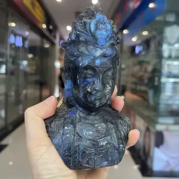 Nádherný Žiarivý 3D Vyrezávané Labradorit Buddha Hlavu pre Duchovný Väčšinu Pokoj Domova Crystal Figúrka Zber