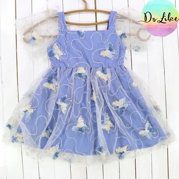 Pohodlné detské dievčatá motýle čipky modré šaty princezná šaty, kostým hot predaj štýl bežné deti šaty