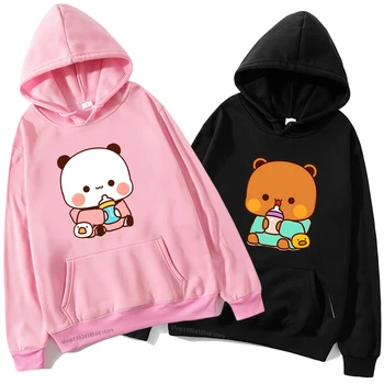 Roztomilé Dieťa Bubu Je Pitie Mlieka Grafické Mikina Muži Ženy Pár Hoodie Cartoon Panda a Brownie Medveď Top Y2k Unisex Oblečenie