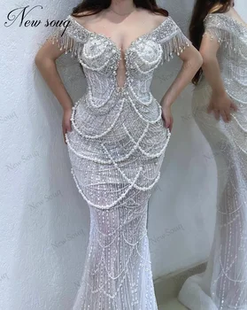 Ručné Korálkové Šaty Žien 2023 Dubaj Dizajn Mimo Ramenný Večerných Šiat, Arabčina Perly Celebrity Party Šaty Šaty De Soiree