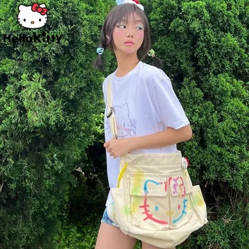 Sanrio Hello Kitty Maľované Zábavné Taška Y2k Roztomilý Dievča Plátno Taška Ženy Graffiti Crossbody Taška Módna Taška Cez Rameno Skladovanie Taška