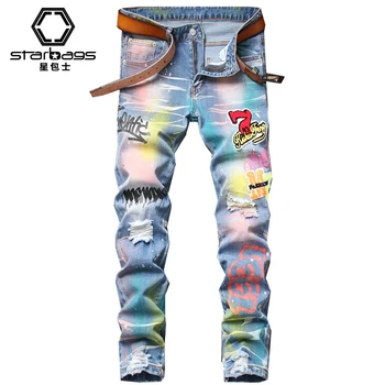 starbags 2023 nové vyšívané roztrhlo slim strečové džínsy pre mužov s malým nohy