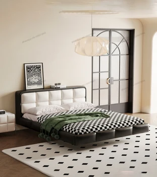 Taliansky minimalistický kožené plávajúce posteľ krém štýl spálňa svetlo luxusný moderný minimalistický internet červená, soft bag posteľ