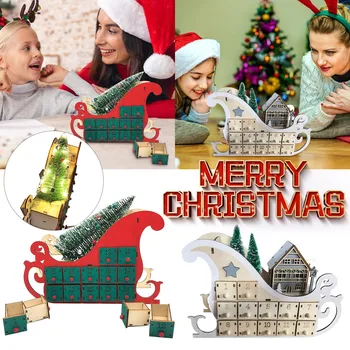 Vianočný Strom Dom na Saniach, Drevené Adventný Kalendár Časovač Vianočné Dekorácie 24 Zásuvky S Led Svetlo Dekoračné d5